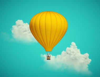 Hot air balloon flying above clouds. This is a 3d render illustration.