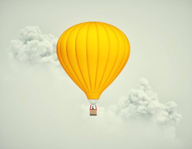 Hot air balloon flying above clouds. This is a 3d render illustration.