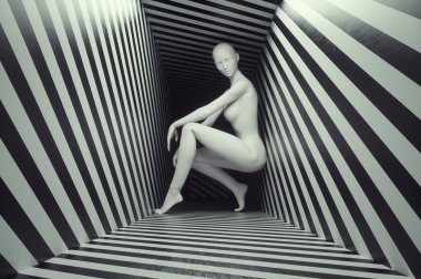 Abstract woman inside a tight corridor. Anxiety and overthinking concept. This is a 3d render illustration.