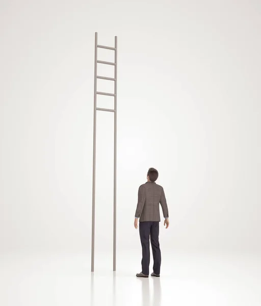 Hombre Negocios Está Parado Frente Escalera Sin Escalones Desafío Empresarial — Foto de Stock