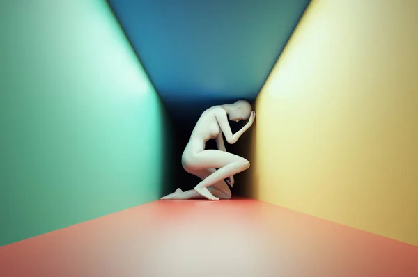 Abstract Woman Tight Corridor Anxiety Overthinking Concept Render Illustration — Photo