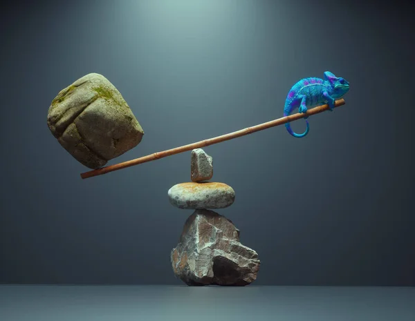 Chameleon Rovnováze Velkým Kamenem Toto Ukázka Vykreslování — Stock fotografie