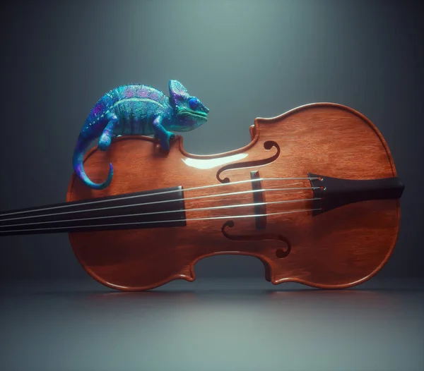 一个五颜六色的变色龙坐在小提琴上 这是一个3D渲染说明 — 图库照片