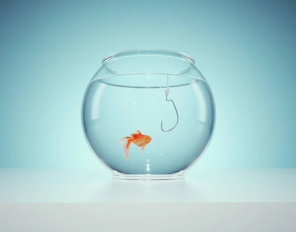 Goldfish Olhando Para Gancho Pesca Esta Uma Ilustração Renderização — Fotografia de Stock
