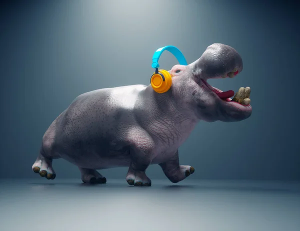 Hipopotam Słucha Muzyki Słuchawkach Jest Ilustracja Renderowania — Zdjęcie stockowe