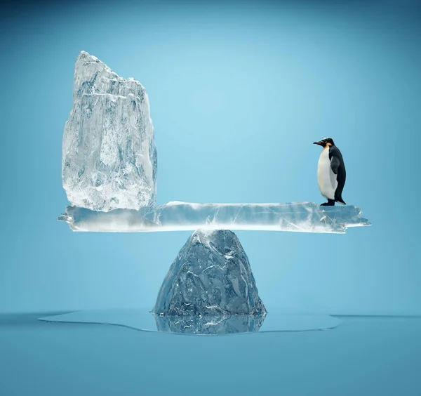 Image Surréaliste Avec Pingouin Glacier Fondu Dans Balance Concept Réchauffement — Photo