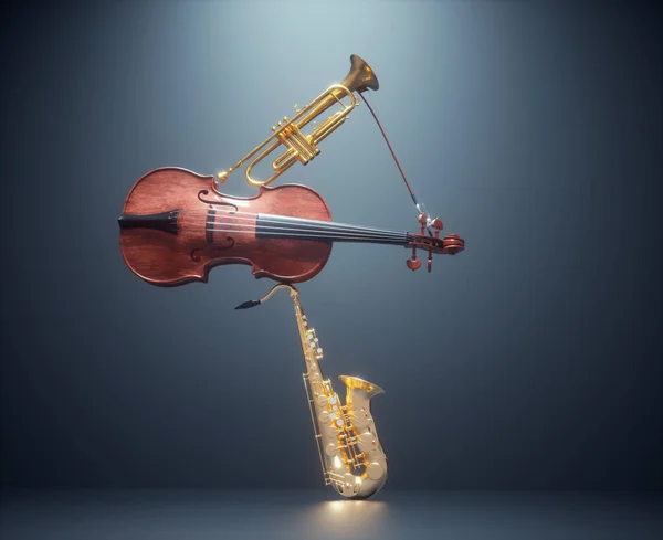 악기의 균형을 이루는 바이올린 트럼펫 색소폰 예입니다 — 스톡 사진