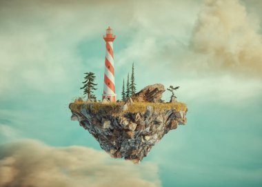 Floating island with a lighthouse. This is a 3d render illustration clipart