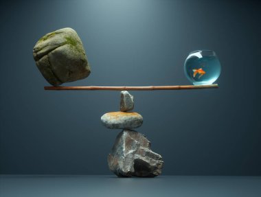 Nature elements standing in balance. Improbable strategy and  plan concept. This is a 3d render illustration clipart