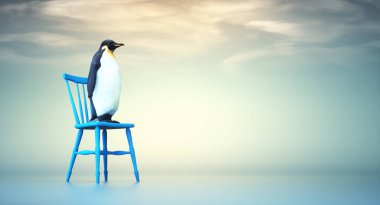 Tahta sandalyedeki penguen. Arama ve adam toplama konsepti. Bu 3 boyutlu bir çizim.