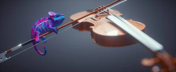 一个五彩缤纷的变色龙坐在小提琴弓上 创意和风格的概念 这是一个3D渲染说明 — 图库照片