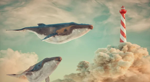 Whales Flying Sky Lighthouse Imagination Dream Big Concept Render Illustratio Royalty Free Stock Images