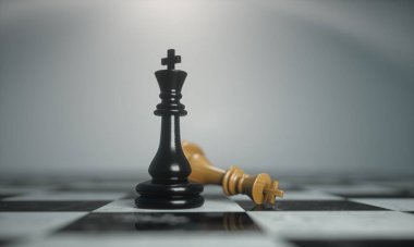 Satranç taşlarının tasviri. Düşen kralın yanında duran kazanan kral. Lider başarı iş konsepti. Bu 3 boyutlu bir çizim.