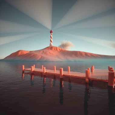 Deniz kıyısındaki deniz feneri. Deniz kenarındaki sinyal binası. Umut sembolü, beklenti, yalnızlık konsepti. Bu 3 boyutlu bir çizim.