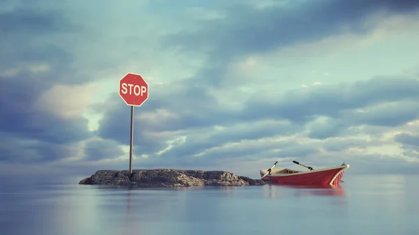 停止記号を持つ岩の近くの海にボート 旅と目的地の概念 これは3Dレンダリング図です — ストック写真