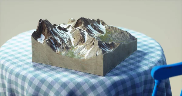 等距山在桌子上 流浪欲望和冒险的概念 这是一个3D渲染说明 — 图库照片