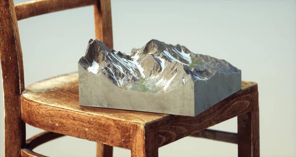 Isometric Mountain Wooden Chair Wanderlust Adventure Concept Render Illustration — Stock Photo, Image