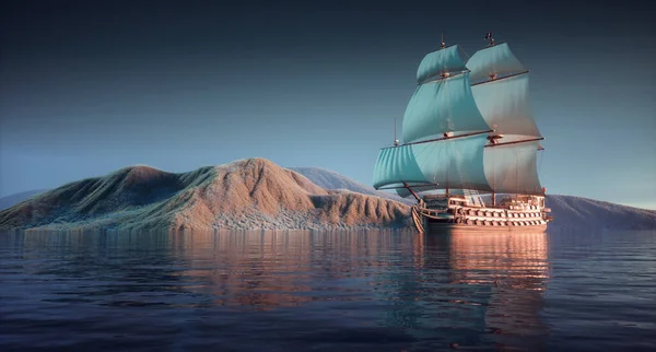Старий Корабель Плаває Горах Ілюстрація Рендеринга — стокове фото