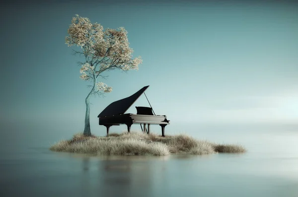 在水里一块土地上的钢琴 和平与沉默的概念 这是一个3D渲染说明 — 图库照片