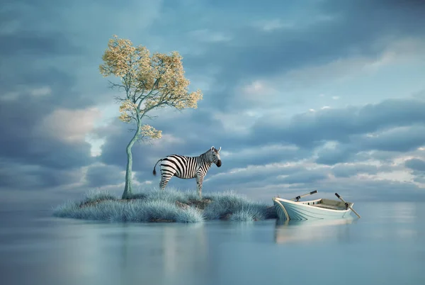 Surrealistisk Bild Zebra Liten Och Båt Utforska Och Ambitionskoncept Detta — Stockfoto