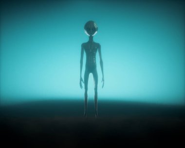 Alien on dark foggy background. Unknown and ufo concept. This is a 3d render illustration.