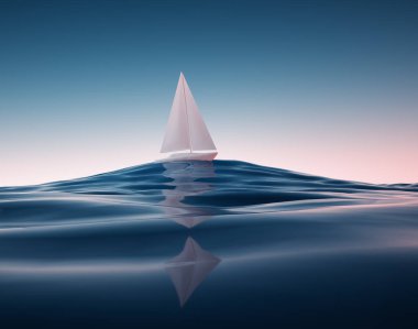 Mavi denizde yüzen Origami yelkenlisi. Seyahat ve seyahat konsepti. Bu 3 boyutlu bir çizim..