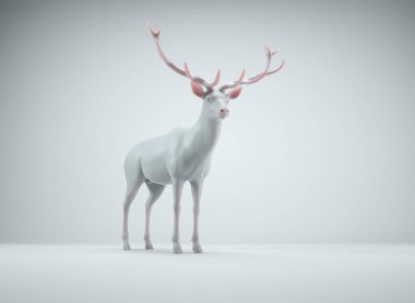 Beyaz arka planda beyaz geyik. Bu 3 boyutlu bir çizim..