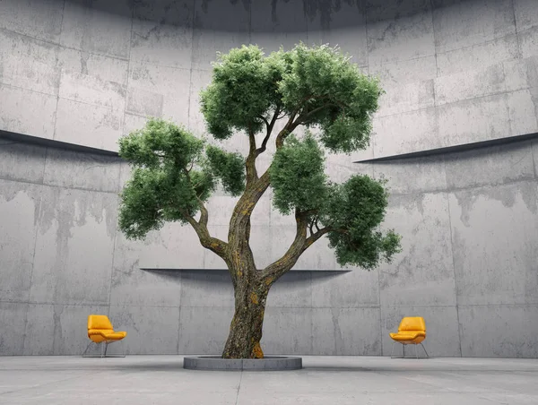 混凝土建筑物内的树 现代建筑 增长和健康的工作场所概念 这是一个3D渲染说明 — 图库照片