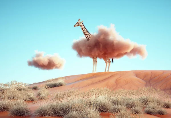 Giraffe with a pink cloud around. Creative and dreaming concept. This is a 3d render illustration