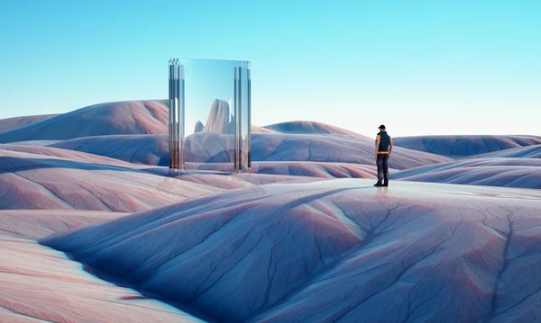 Surrealistiskt Landskap Med Man Som Tittar Stor Spegel Fly Och — Stockfoto
