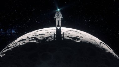 Uzayda bir astronot. Bilim kurgu ve uzay keşfi konsepti. Bu 3 boyutlu bir çizim..
