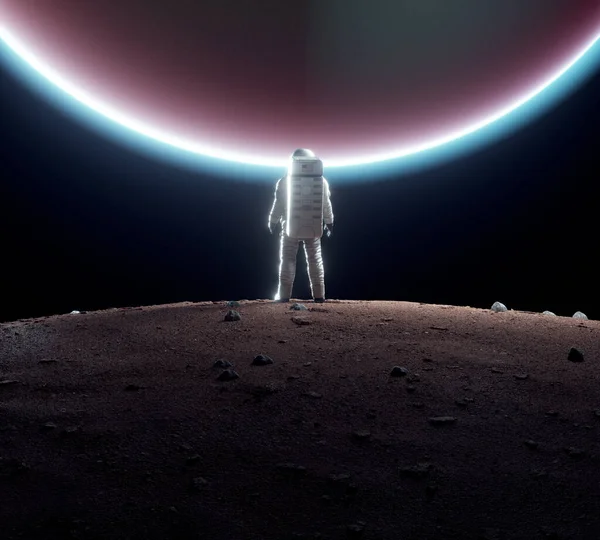 Astronauta Stojący Planecie Spoglądający Księżyc Futurystyczna Kosmiczna Koncepcja Jest Ilustracja — Zdjęcie stockowe