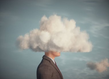 A businessman with his head in the clouds. This is a 3d render illustration