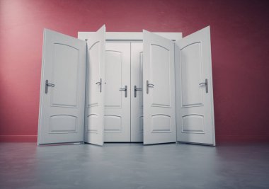 Kırmızı bir duvarda birden fazla kapı açıldı ve kapandı. Seçimler ve fırsat konsepti. Bu 3 boyutlu bir çizim.