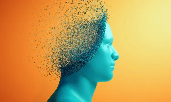 Abstract human head with dispersion effect. Overthinking and complexity concept. This is a 3d render illustration