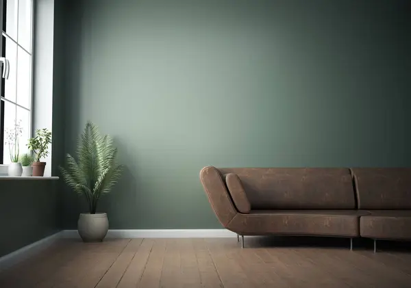 Interior of a  room with a sofa window and a green plant. This is a 3d render illustration