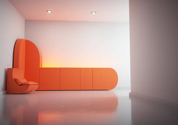 A living room with a orange armchair. This is a 3d render illustration