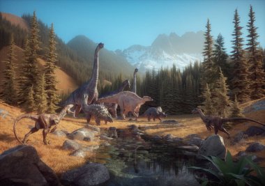 Ankylosaurus, brachiosaurus ve Velociraptor doğada. Bu 3 boyutlu bir çizim.