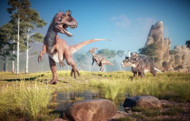 Dinozor - Cryolophosaurus, diceratops ve parasaurolophus doğada. Bu 3 boyutlu bir çizim.