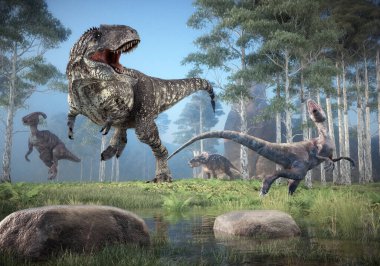 Giganotosaurus ve Velociraptor doğada. Bu 3 boyutlu bir çizim..