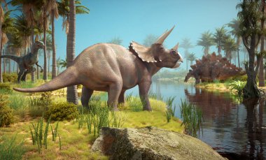 Doğadaki dinozorlar. Triceratops, stegosaurus. Bu 3 boyutlu bir çizim.