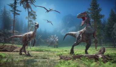 Velociraptor ve Stegosaurus ormanda yürüyor. Bu 3 boyutlu bir çizim.