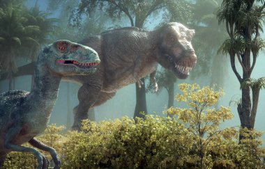 Tyrannosaurus ve Velociraptor doğada. Bu 3 boyutlu bir çizim.