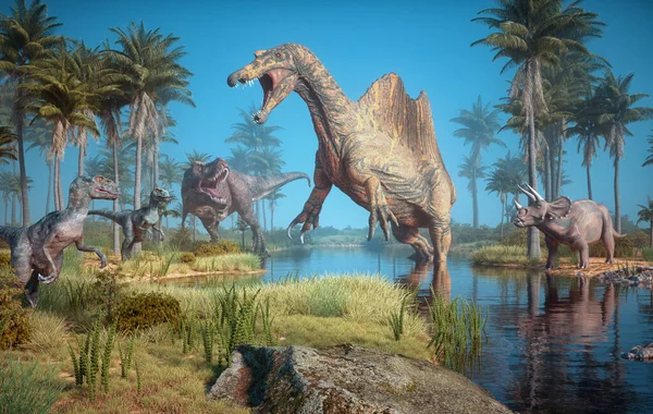 Doğadaki dinozorlar. Spinosaurus, Triceratops, Tyrannosaurus ve Velociraptor. Bu 3 boyutlu bir çizim.