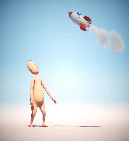 ロケットを見上げる人間の性格 スタートアップと成長のコンセプト これは3Dレンダリングイラストです — ストック写真