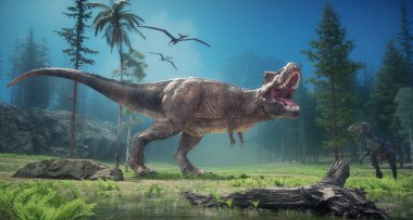 Ormandaki Tyrannosaurus. Bu 3 boyutlu bir çizim.