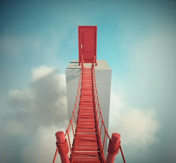 stock image Bridge over gap a closed red door. This is a 3d render illustration