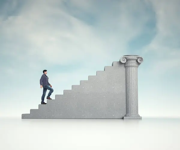Man climbing the stairs towards a Roman column. Education concept. THIS IS A 3D RENDER ILLUSTRATION.