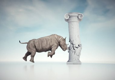 Rhinoceros hitting a Roman column. The concept of destroying a myth or obstructing education and knowledge. THIS IS A 3D RENDER ILLUSTRATION. clipart