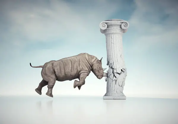 Rhinoceros Hitting Roman Column Concept Destroying Myth Obstructing Education Knowledge — Stock Photo, Image